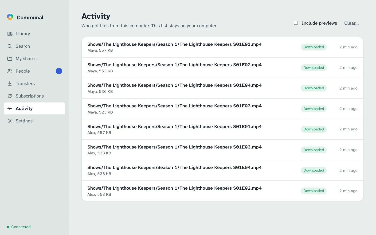 Activity: episodes downloaded by Maya and by Alex’s media server