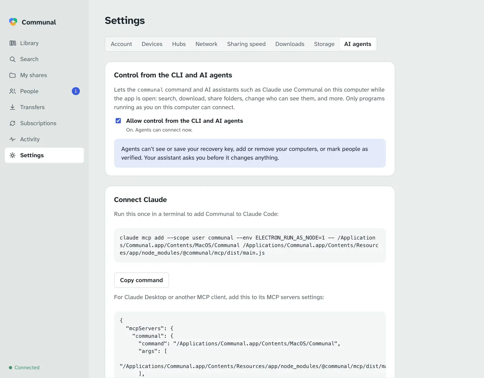 Settings › AI agents, with the command for Claude Code