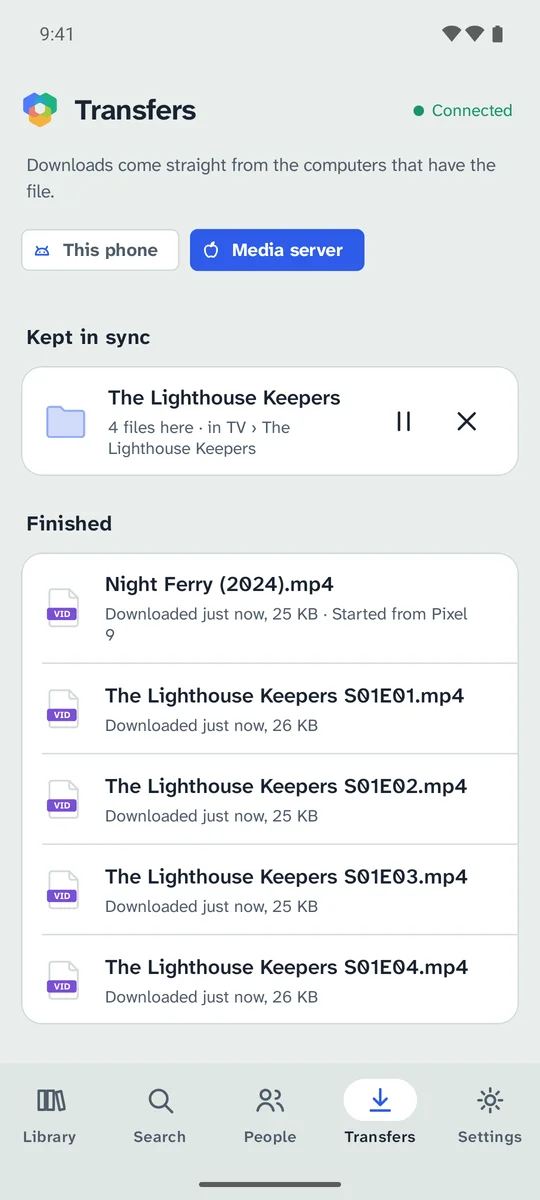 The media server’s downloads, seen from the phone