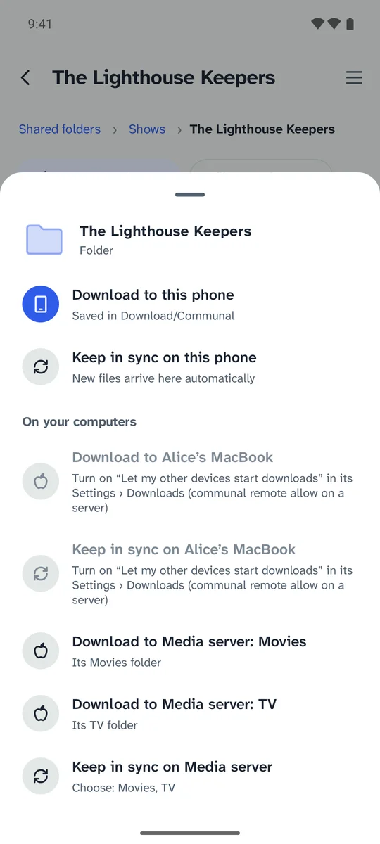 A folder’s options on the phone, including the media server’s Movies and TV