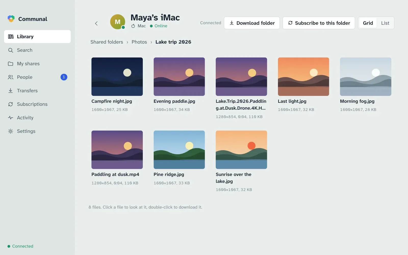 Communal showing a folder of lake trip photos on Maya’s iMac, with thumbnails