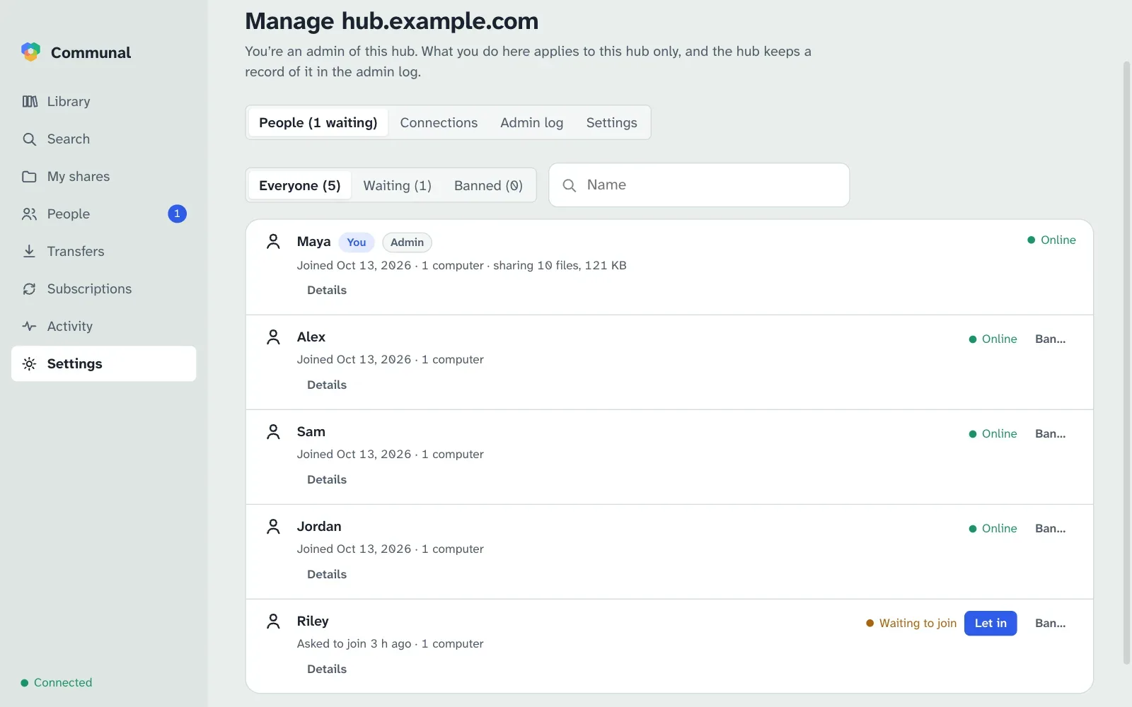 Managing a hub: everyone on it, with one person waiting to be let in