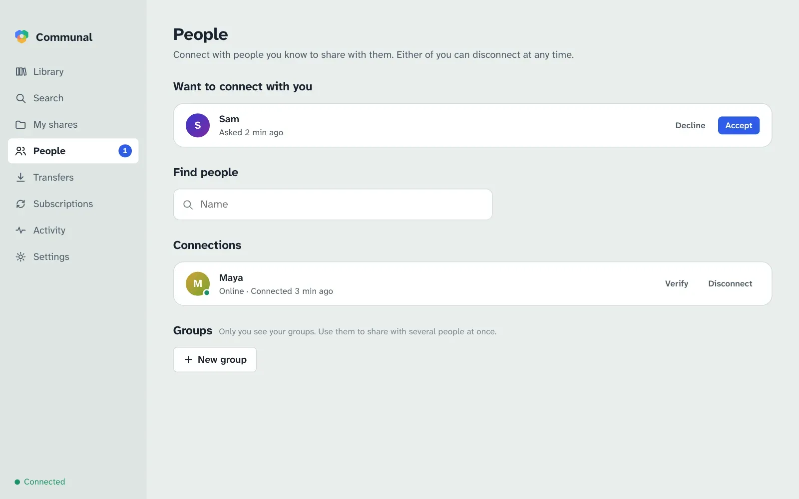 People: Sam wants to connect, Maya is a connection and online, and the groups section