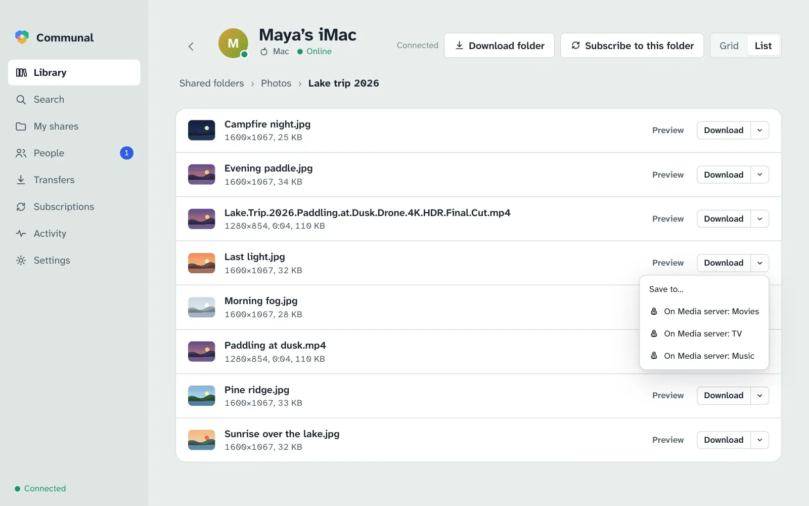 The Download menu for a photo: Save to…, and On Media server: Movies, TV or Music
