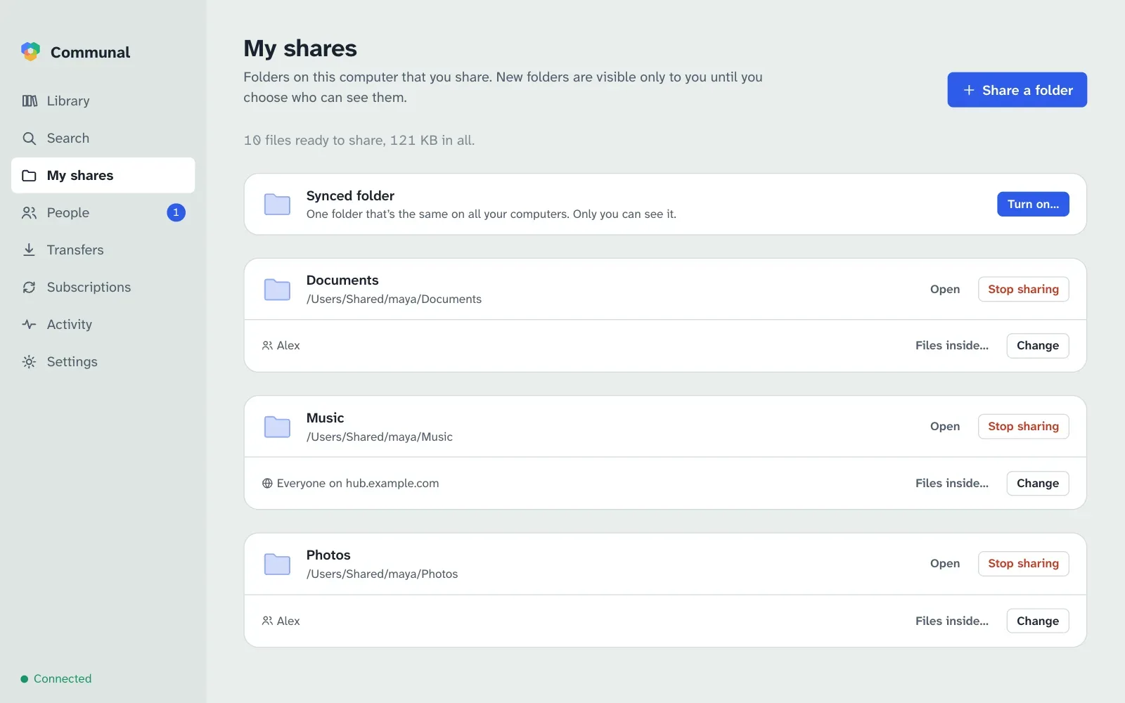 My shares: three shared folders and who can see each