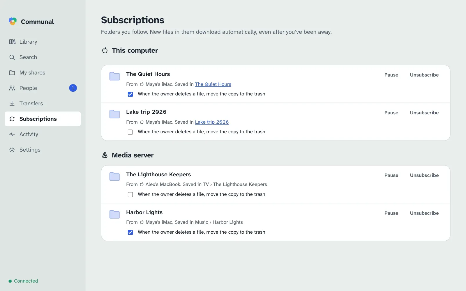 Subscriptions on this computer and on the media server at home