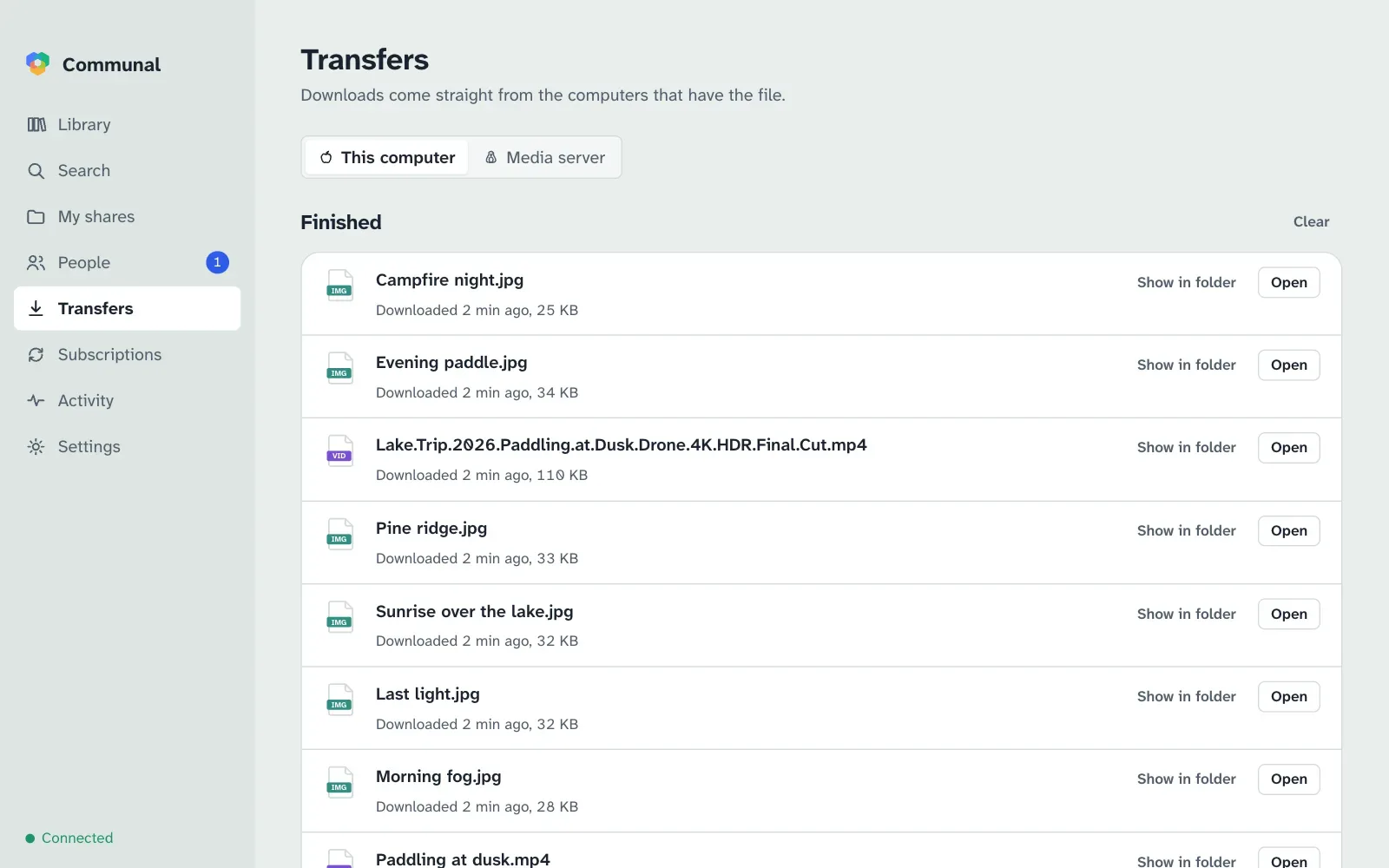 Transfers: this computer’s finished downloads, with a switch for the media server